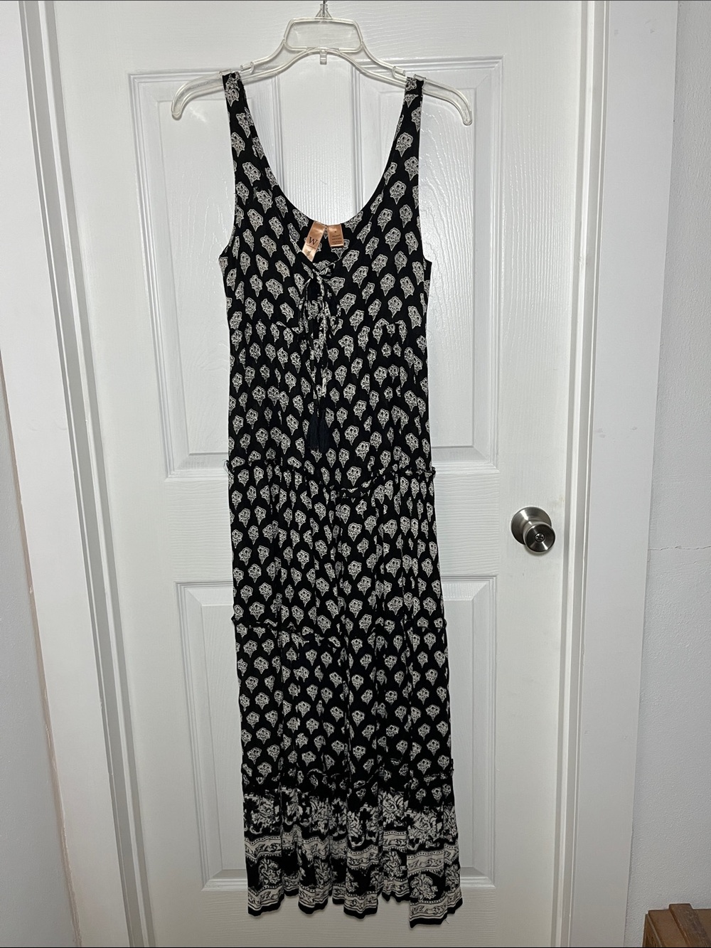 Whispers Black and White Printed Maxi Dress Empire with Lacing Bodice Front